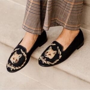 By Paige Fox Needlepoint Loafers Black Academia Slip-On Flats .Wreath Detail,6,5